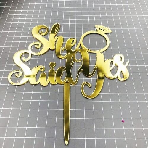 Mirror Gold Acrylic with She Said Yes Engagement Ring Wedding Cake Topper Silhouette Wedding Decoration Cake Accessorry