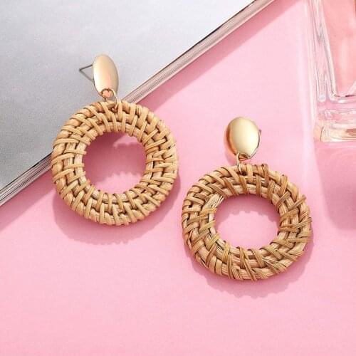 2021 New Creative Korea Bamboo Wooden Straw Weave Rattan Knit Vine Circle Drop Earrings for Women Girls Jewelry Accessories Gift
