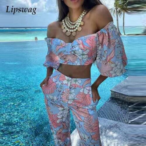 Women Elegant Floral Print 2 Piece Set Sexy Off Shoulder Blouse & Long Wide Leg Rompers 2021 Casual Fashion Long Sleeve Outfits
