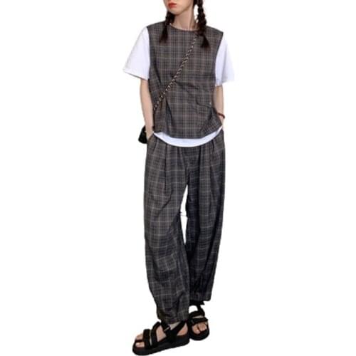 PERHAPS U Women Elegant Two Piece Set Plaid O-Neck Vest Pockets Backless Split Elastic Waist Loose Pleated Pencil Pants OL T3061