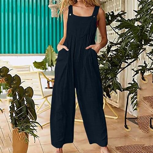 Women Sleeveless Overalls 2021 Summer Casual Solid Color U-shaped Collar Loose Romper Wide Leg Pants Navy/ Dark Green/ Grey