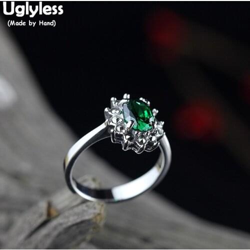 Uglyless Real Silver Green Crystals Rings for Women 925 Sterling Silver Marcasite Flower Open Rings CZ Zircon Fine Jewelry R905