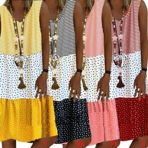 Women Sleeveless Loose Midi Long Dress Stripes Polka Dot Triple Color Sundress A0NF