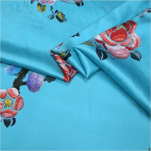 1 Meter Blue Natural Silk Fabric Summer Flower Printing Stretch Satin Soft Drape Mulberry Clothing Cheongsam