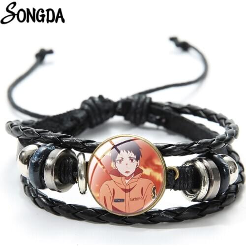 Anime Enn Enn No Shouboutai Fire Force Cosplay Bracelet Shinra Kusakabe Photo Glass Time Gem Snap Button Woven Leather Bracelet