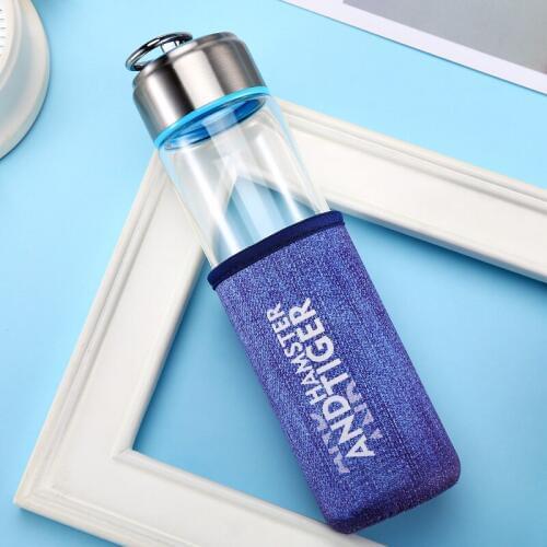 1pc 350ml Minimalist Glass Water Bottle Portable Sport Bottle with Rope Stainless Steel Cover Water Jar Pink/Blue