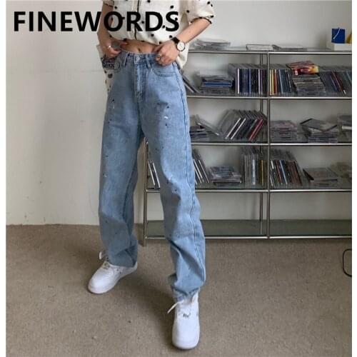 FINEWORDS High Waist Casual Straight Jeans Women Korean Vintage Painting Punk Jeans Full Length Loose Blue Wide Leg Denim Pants