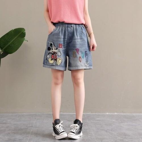 Disney Mickey Mouse New Ripped Jeans Womens Loose Large Size High Waist Straight Pants Summer Embroidered Five Points Shorts