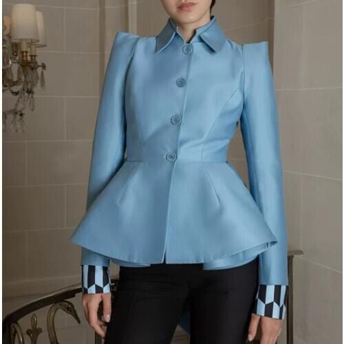 Elegant Retro Turn-down Collar Single Breasted Blazer Jacket Ruffled Tail Women Suit Blazer