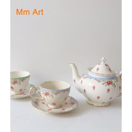 French Romantic Small Flower Coffee Cup Gold Side Flower Tea Cup Teapot Set