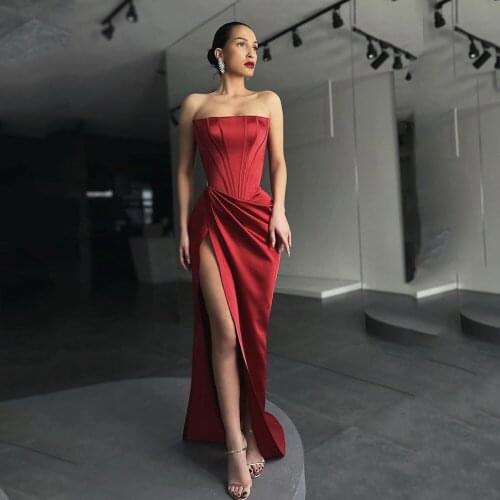 Hot Red Strapless Sheath Party Gowns Cheap Sexy Corset Body High Split Simple Pleat Formal Evening Dress