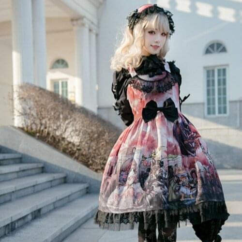 Gothic Vintage Sweet Lolita Dress Palace Lace Bowknot Printing Princess Victorian Dress Kawaii Girl Gothic Lolita Jsk Loli Cos