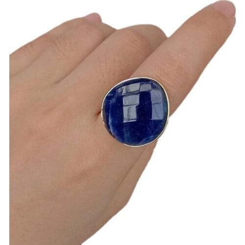 YYGEM Natural Faceted Blue Sodalite gold plated Ring Adjustable Womens Jewelry