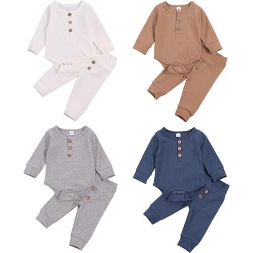 Lioraitiin 0-18M Newborn Infant Childrens 3Pcs Set Kids Long Sleeve Solid Button Romper Toddlers Elastic Force Trousers White