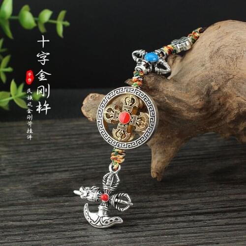 Retro Copper Cross Vajra Keychain Pendant Jewelry Handmade Braied Rope with Wooden Beads Religious Lanyard Hanging for Key Chai