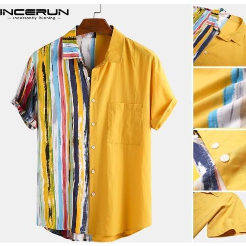 INCERUN Men Fashion Striped Patchwork Shirts Casual Short Sleeve Lapel Printed Shirt Summer Loose Holiday Hawaiian Camisa S-3XL7