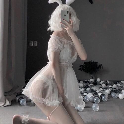 Kawaii Lace Babydoll Sexy Lingerie Pajamas Set for Women Off-Shoulder Tulle Temptation See Through Dress Erotic Cosplay Costumes