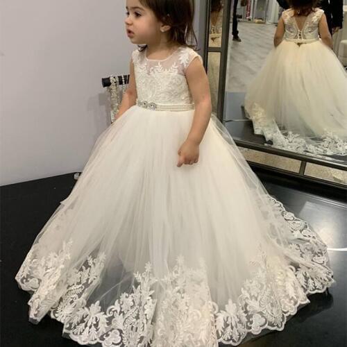 White Flower Girls Dresses For Wedding Gowns sleeveless Lace Tulle applique Beaded belt Girl Birthday Holy Communion Dresses