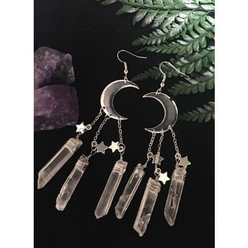 Crescent Moon Quartz Crystal Witchy Earrings, Gothic Mermaid Festival Wedding Occult Boho Crystal Accessories Jewelry Earrings