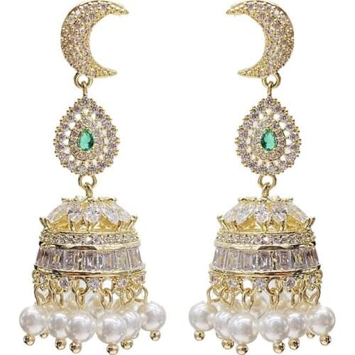 SINZRY luxury CZ costume jewelry cubic zirconia pearl moon tassel vintage palace drop earrings for women