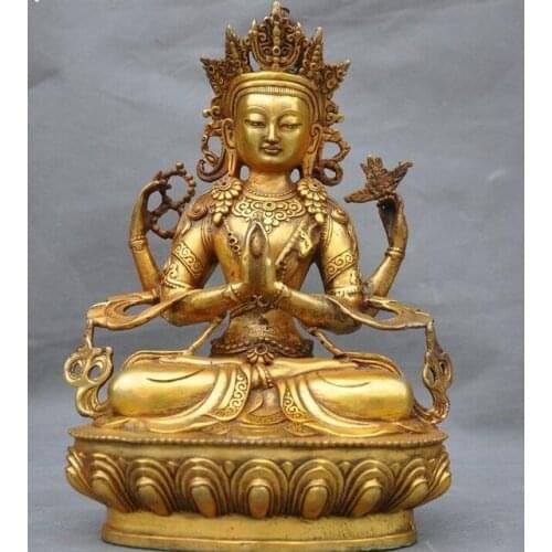 Tibet bronze Gilt Buddhism 4 Arms Chenrezigtara Kwan-Yin GuanYin Buddha statue