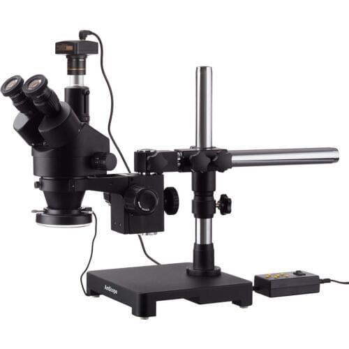 3.5X-45X Black Trinocular Stereo Zoom Microscope on Single Arm Boom Stand + 144 Direction Adjustable LED Ring Light & USB2.0 10M