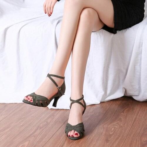 DKZSYIM Green Latin Dance Shoes Women Ballroom Professional Red Tango Dancing Shoes Flock Soft Dance Salsa High Quality 3-10CM