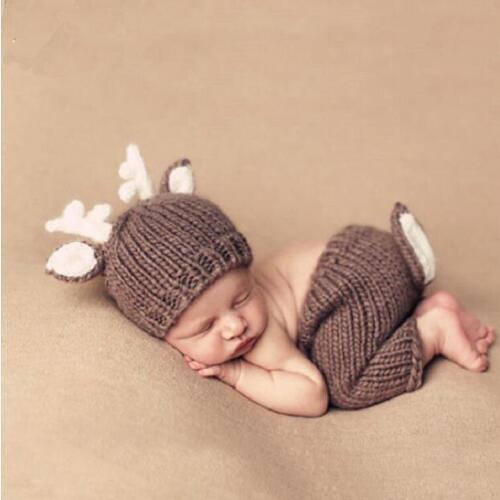 Infant Baby Girl Boy Crochet Deer Hat+Pant Photo Shoot Xmas Outfits Clothes Newborn Knit Cartoon Photography Christmas Props