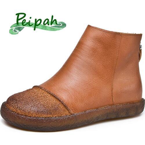 PEIPAH Genuine Leather Womens Ankle Boots For Women Winter Flat With Snow Boots Woman Add Fur Round Toe Winter Ladies Shoes