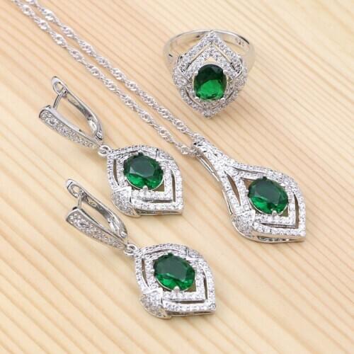 Classic Jewelry 925 Sterling Silver Jewelry Sets Green Cubic Zirconia Pendant Necklace Ring Earrings For Women Party Accessories