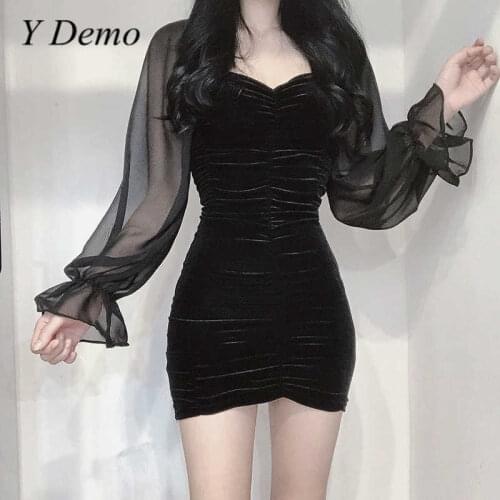 Y Demo Elegant Women Velvet Dress Square Collar Mesh Lantern Sleeve High Waist Ruched Slim Dresses Female Fashion Clothing