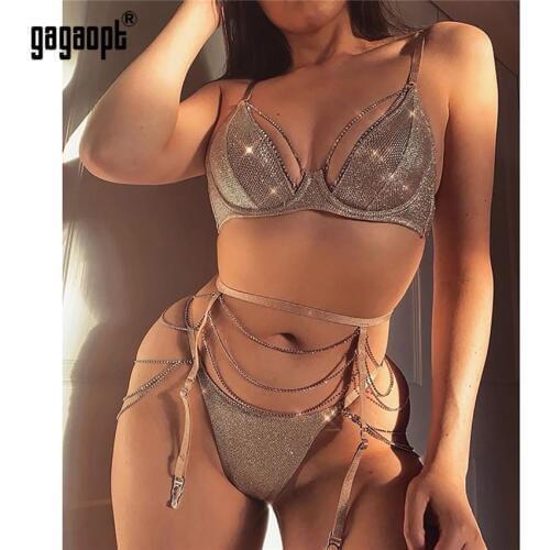 Gagaopt Sexy Lingerie Women Lace Open Bra with Rhineston Set G-String Underwear Nightwear Bra & Brief 3 Pcs Sets