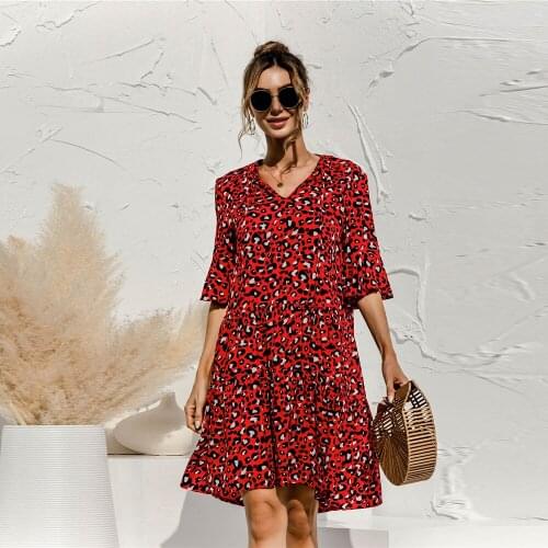 Sexy V-neck Lace Up Design Leopard Print Loose Dress Women Summer New Flare Sleeve Fashion Patchwork Decor Vestidos Female