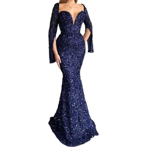 2021 New Party Dress Women Elegant Mermaid V Neck Sequined Long Party Dresses Large Sizes Bodycon Robe Longue Femme Ete Vestido