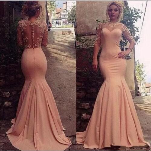 2020 Sexy Mermaid Illusion Evening Dresses Jewel 3/4 Long Sleeve Lace Appliques Special Occasion Dresses Back Button Prom Dresse