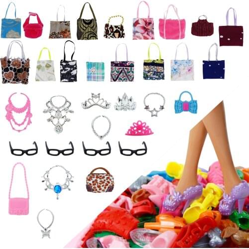30 Pcs / Lot = Random 6x Necklaces 4x Black Glasses + 3 Crowns + 7 Bags + 10 Shoes Clothes for Barbie Doll Dress Up Accessories