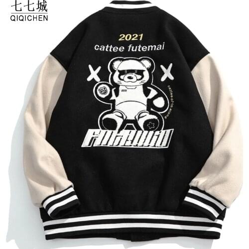 Bear Embroidery Baseball Jacket Men Autumn Spring Patchwork Hip Hop Bomber Coat Unisex Streetwear College Varsity Coat 2021