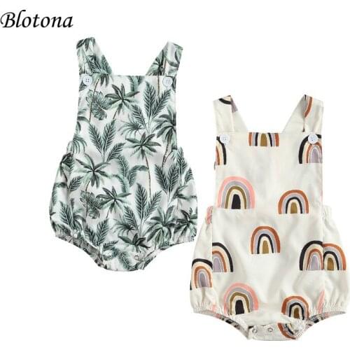Blotona Baby Boy Girl Romper, Newborn Sleeveless Square Neck Trees Leaf Print Jumpsuit One-piece Clothing for Summer 0-24Months