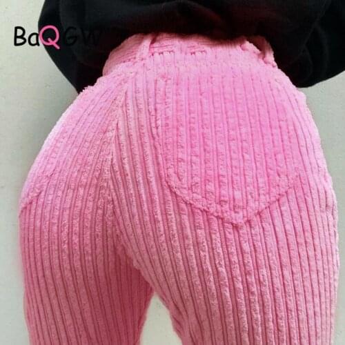 BaQGW Vintage Solid Corduroy Pants Women Fashion 2020 Harajuku Long High Waist Straight Trousers Autum Warm Zipper Pants Female