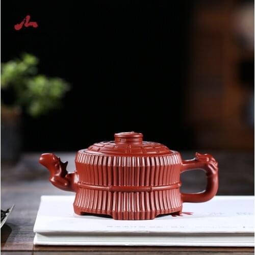 Handmade Yixing Teapot 250cc Purple Clay Zisha Pot Bamboo Carving Tea Pot