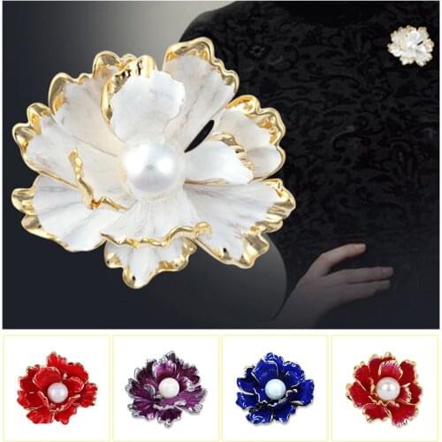 Enamel Peony Flowers Brooches for Women Wedding Metal Simulated Pearl Pins Flower Party Banquet Accessories