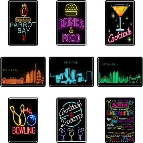 Fluorescent Bar Tin Sign Club Pub Decorative Plaque Colorful Cocktail Beer Bowling Metal Iron Plate Wall Decor Iron Paintin