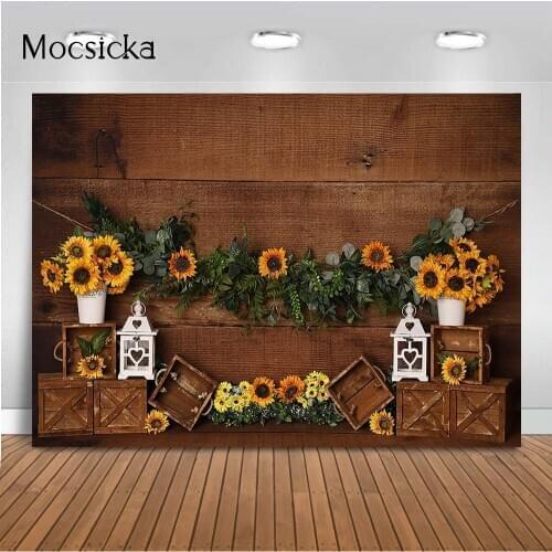 Sunflower floral backdrop for photography studio rustic wood floor newborn baby kids portrait cake smash photo booth background