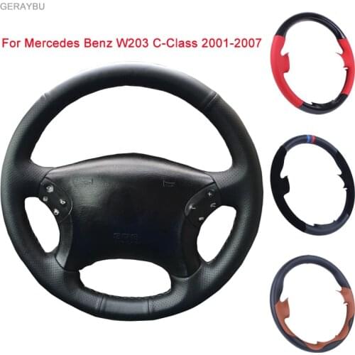 GERAYBU Custom DIY Black Leather Hand-sewn Car Steering Wheel Cover For Mercedes Benz W203 C-Class Breathable Wear-resistant