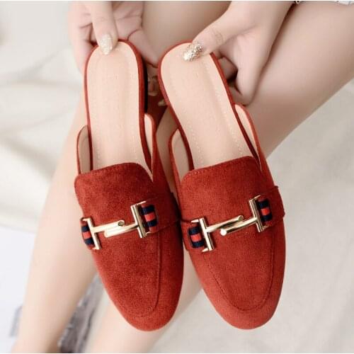 Autumn Womens Flat Suede Mules Slippers Spring Fashion New Metal Chain Outside Slides Durable Non-slip Female Casual Sandals