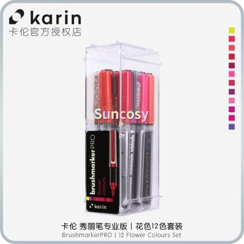 KARIN Brushmarker PRO Flower Colors Set of 12 Markers,Clear Tank with 2, 4 ML Water Based Ink