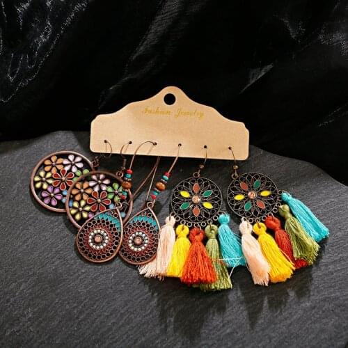 Vintage Flower Multicolor Beaded Earrings Set For Woman Ethnic Boho Tassel Long Dreamcatcher Drop Earrings Jewelry