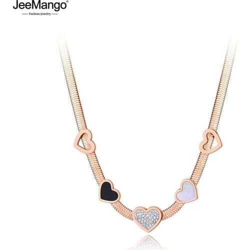 JeeMango Stainless Steel Acrylic & Shell Heart Charm Necklace Bohemia CZ Crystal Pendant Snake Chain Jewelry For Women JN20046
