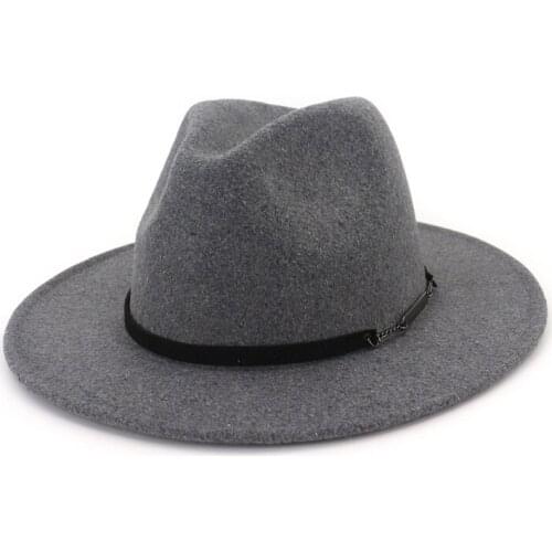 Autumn Winter Flat Brim Wool Jazz Cap European US Panama Fedora Hats with Leather Decorated Felt Hat Trilby for Men Women