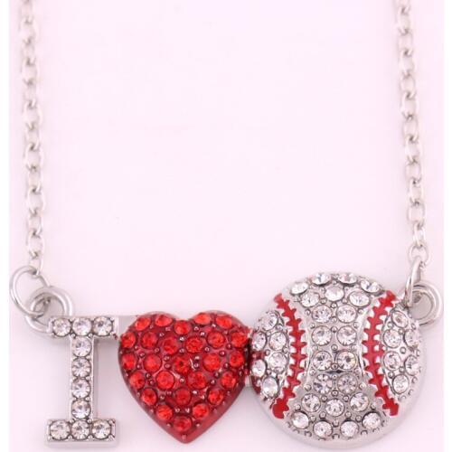 High Quality I Love You Silver Crystal Red Heart Baseball pendant link chain necklace
